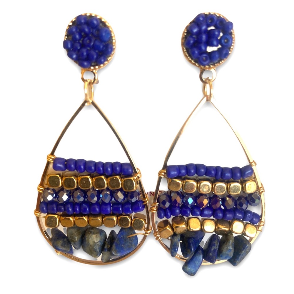 Deep blue stone earrings with gold trim